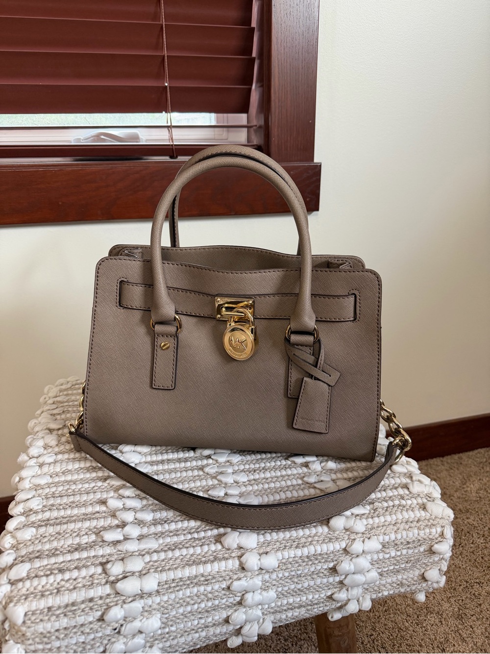 Michael Kors Taupe Saffiano Leather Satchel with Gold Hardware